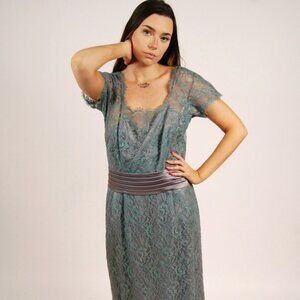 60s Lacy Bow Dress (L) teal grey vintage retro formal evening cocktail large